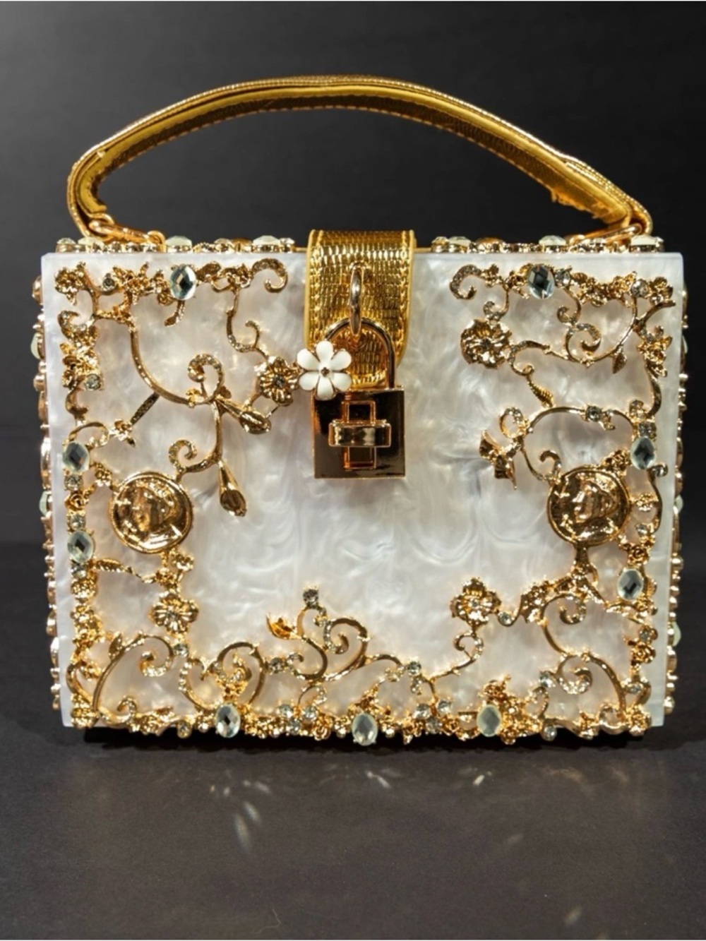 Verano Hill White Pearl Box Handbag with Gold Filigree